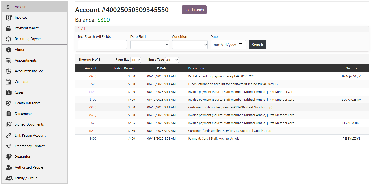 SecureCare® screenshot of customer account