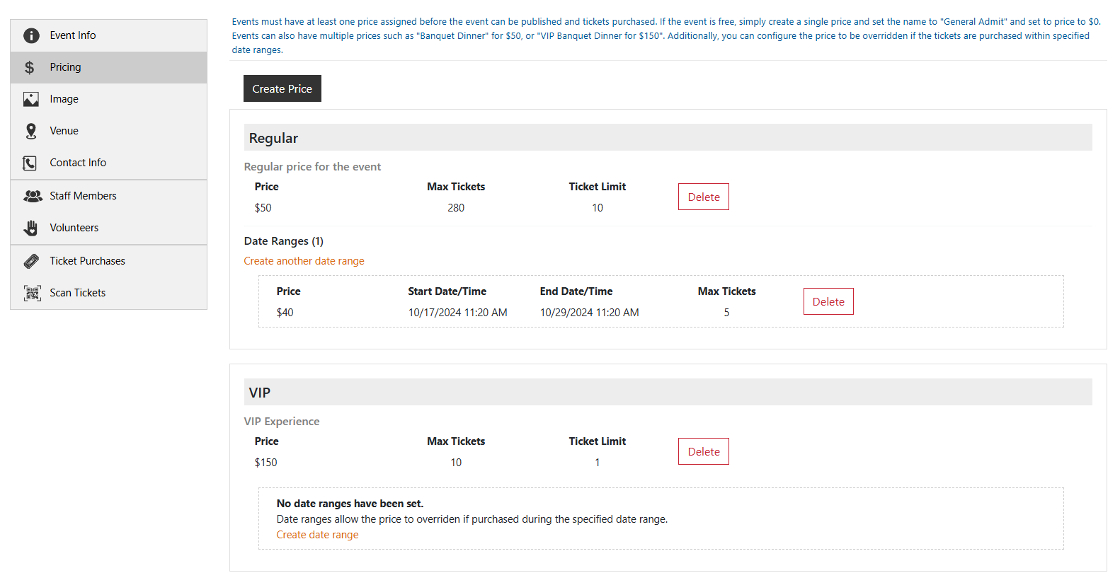 SecureCare® screenshot of the event pricing