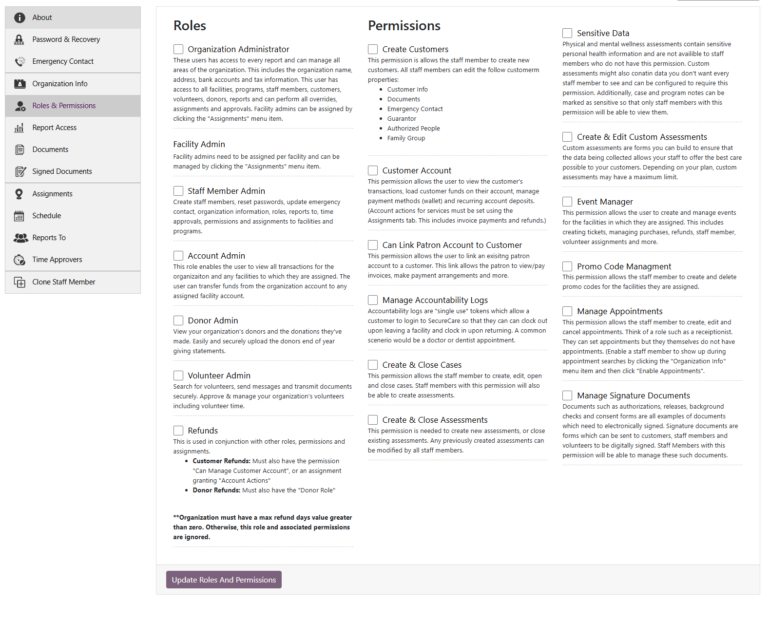 SecureCare® screenshot of staff member roles and permissions